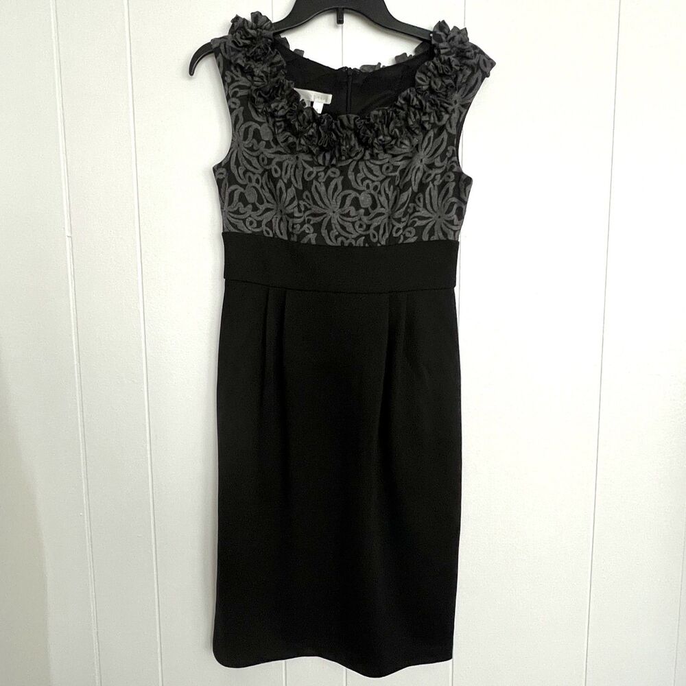 London Times Women’s Floral Ruffle Black Gray Sleeveless Pencil LBD Dress 4